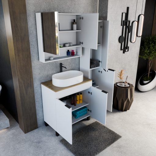 HD Paris Matt White 80 komplett fürdőszoba bútor álló mosdószekrénnyel, matt fekete elemekkel, tölgyfa színű mosdópulttal és tükrös szekrénnyel