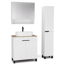 HD Paris Matt White 80 komplett fürdőszoba bútor szett álló mosdószekrénnyel, matt fekete elemekkel, tölgyfa színű mosdópulttal, tükrös szekrénnyel és magasszekrénnyel