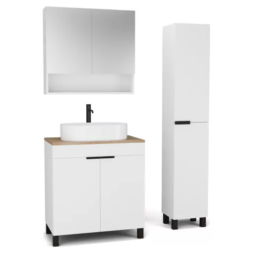 HD Paris Matt White 80 komplett fürdőszoba bútor szett álló mosdószekrénnyel, matt fekete elemekkel, tölgyfa színű mosdópulttal, tükrös szekrénnyel és magasszekrénnyel