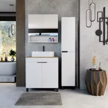 HD Paris Matt White 80 komplett fürdőszoba bútor szett álló mosdószekrénnyel, matt fekete elemekkel, tölgyfa színű mosdópulttal, tükrös szekrénnyel és magasszekrénnyel