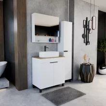 HD Paris Matt White 80 komplett fürdőszoba bútor szett álló mosdószekrénnyel, matt fekete elemekkel, tölgyfa színű mosdópulttal, tükrös szekrénnyel és magasszekrénnyel