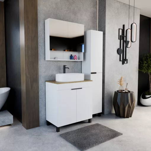 HD Paris Matt White 80 komplett fürdőszoba bútor szett álló mosdószekrénnyel, matt fekete elemekkel, tölgyfa színű mosdópulttal, tükrös szekrénnyel és magasszekrénnyel