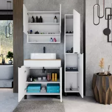 HD Paris Matt White 80 komplett fürdőszoba bútor szett álló mosdószekrénnyel, matt fekete elemekkel, tölgyfa színű mosdópulttal, tükrös szekrénnyel és magasszekrénnyel