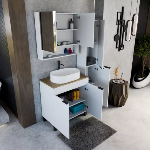 HD Paris Matt White 80 komplett fürdőszoba bútor szett álló mosdószekrénnyel, matt fekete elemekkel, tölgyfa színű mosdópulttal, tükrös szekrénnyel és magasszekrénnyel