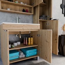 HD Paris Oak 80 komplett fürdőszoba bútor álló mosdószekrénnyel, fényes króm elemekkel, fényes fehér slim mosdóval és tükrös szekrénnyel