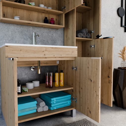 HD Paris Oak 80 komplett fürdőszoba bútor álló mosdószekrénnyel, fényes króm elemekkel, fényes fehér slim mosdóval és tükrös szekrénnyel