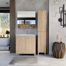 HD Paris Oak 80 komplett fürdőszoba bútor szett álló mosdószekrénnyel, fényes króm elemekkel, fényes fehér slim mosdóval, tükrös szekrénnyel és magasszekrénnyel