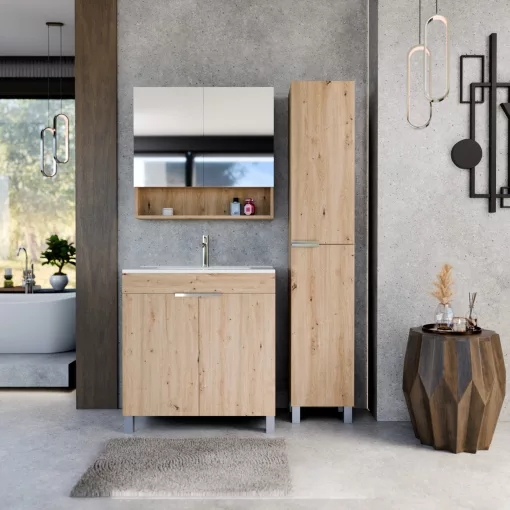 HD Paris Oak 80 komplett fürdőszoba bútor szett álló mosdószekrénnyel, fényes króm elemekkel, fényes fehér slim mosdóval, tükrös szekrénnyel és magasszekrénnyel