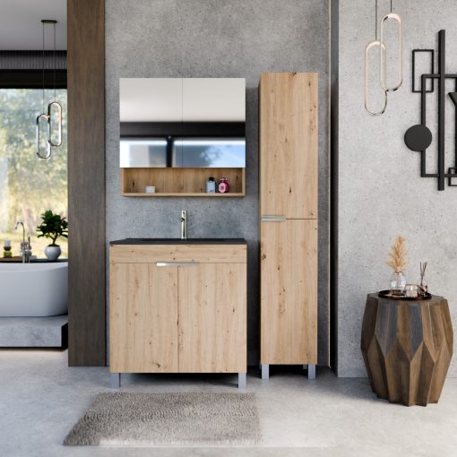 HD Paris Oak 80 komplett fürdőszoba bútor álló mosdószekrénnyel, fényes króm elemekkel, matt fekete slim mosdóval és tükrös szekrénnyel