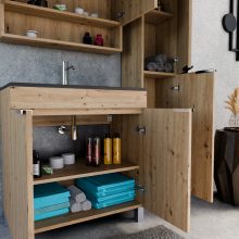 HD Paris Oak 80 komplett fürdőszoba bútor álló mosdószekrénnyel, fényes króm elemekkel, matt fekete slim mosdóval és tükrös szekrénnyel