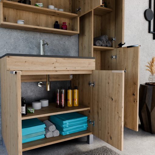 HD Paris Oak 80 komplett fürdőszoba bútor álló mosdószekrénnyel, fényes króm elemekkel, matt fekete slim mosdóval és tükrös szekrénnyel