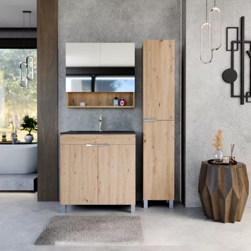 HD Paris Oak 80 komplett fürdőszoba bútor szett álló mosdószekrénnyel, fényes króm elemekkel, matt fekete slim mosdóval, tükrös szekrénnyel és magasszekrénnyel