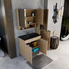 HD Paris Oak 80 komplett fürdőszoba bútor szett álló mosdószekrénnyel, fényes króm elemekkel, matt fekete slim mosdóval, tükrös szekrénnyel és magasszekrénnyel