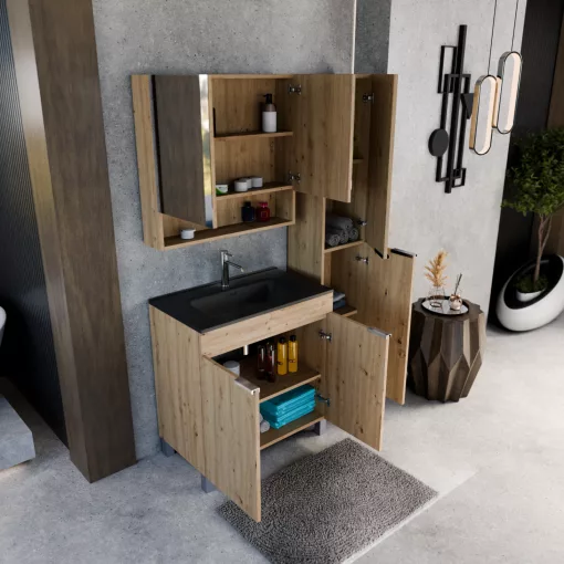 HD Paris Oak 80 komplett fürdőszoba bútor szett álló mosdószekrénnyel, fényes króm elemekkel, matt fekete slim mosdóval, tükrös szekrénnyel és magasszekrénnyel