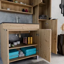 HD Paris Oak 80 komplett fürdőszoba bútor szett álló mosdószekrénnyel, fényes króm elemekkel, matt fekete slim mosdóval, tükrös szekrénnyel és magasszekrénnyel