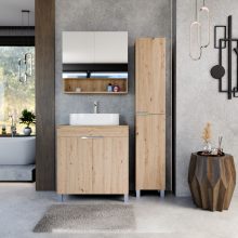 HD Paris Oak 80 komplett fürdőszoba bútor szett álló mosdószekrénnyel, fényes króm elemekkel, tölgyfa színű mosdópulttal, tükrös szekrénnyel és magasszekrénnyel