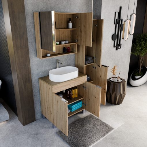 HD Paris Oak 80 komplett fürdőszoba bútor szett álló mosdószekrénnyel, fényes króm elemekkel, tölgyfa színű mosdópulttal, tükrös szekrénnyel és magasszekrénnyel