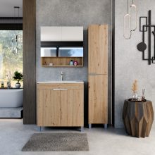 HD Paris Oak 80 komplett fürdőszoba bútor álló mosdószekrénnyel, szálcsiszolt króm elemekkel, fényes fehér slim mosdóval és tükrös szekrénnyel