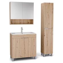 HD Paris Oak 80 komplett fürdőszoba bútor szett álló mosdószekrénnyel, szálcsiszolt króm elemekkel, fényes fehér slim mosdóval, tükrös szekrénnyel és magasszekrénnyel