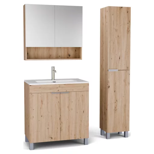 HD Paris Oak 80 komplett fürdőszoba bútor szett álló mosdószekrénnyel, szálcsiszolt króm elemekkel, fényes fehér slim mosdóval, tükrös szekrénnyel és magasszekrénnyel