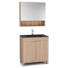 HD Paris Oak 80 komplett fürdőszoba bútor álló mosdószekrénnyel, szálcsiszolt króm elemekkel, matt fekete slim mosdóval és tükrös szekrénnyel