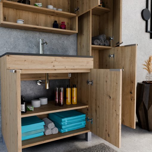 HD Paris Oak 80 komplett fürdőszoba bútor álló mosdószekrénnyel, szálcsiszolt króm elemekkel, matt fekete slim mosdóval és tükrös szekrénnyel