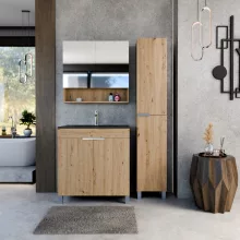 HD Paris Oak 80 komplett fürdőszoba bútor szett álló mosdószekrénnyel, szálcsiszolt króm elemekkel, matt fekete slim mosdóval, tükrös szekrénnyel és magasszekrénnyel
