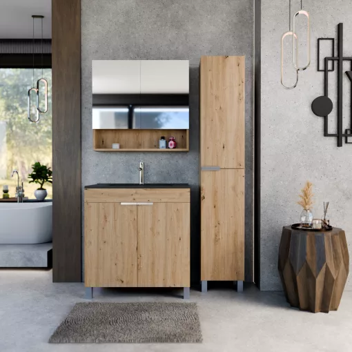 HD Paris Oak 80 komplett fürdőszoba bútor szett álló mosdószekrénnyel, szálcsiszolt króm elemekkel, matt fekete slim mosdóval, tükrös szekrénnyel és magasszekrénnyel