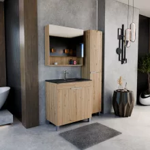 HD Paris Oak 80 komplett fürdőszoba bútor szett álló mosdószekrénnyel, szálcsiszolt króm elemekkel, matt fekete slim mosdóval, tükrös szekrénnyel és magasszekrénnyel