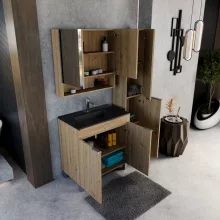 HD Paris Oak 80 komplett fürdőszoba bútor szett álló mosdószekrénnyel, szálcsiszolt króm elemekkel, matt fekete slim mosdóval, tükrös szekrénnyel és magasszekrénnyel