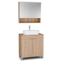   HD Paris Oak 80 komplett fürdőszoba bútor álló mosdószekrénnyel, szálcsiszolt króm elemekkel, tölgyfa színű mosdópulttal és tükrös szekrénnyel