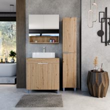 HD Paris Oak 80 komplett fürdőszoba bútor szett álló mosdószekrénnyel, szálcsiszolt króm elemekkel, tölgyfa színű mosdópulttal, tükrös szekrénnyel és magasszekrénnyel