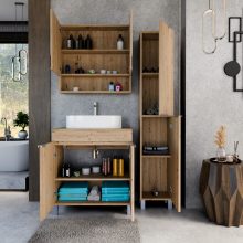 HD Paris Oak 80 komplett fürdőszoba bútor szett álló mosdószekrénnyel, szálcsiszolt króm elemekkel, tölgyfa színű mosdópulttal, tükrös szekrénnyel és magasszekrénnyel