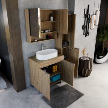 HD Paris Oak 80 komplett fürdőszoba bútor szett álló mosdószekrénnyel, szálcsiszolt króm elemekkel, tölgyfa színű mosdópulttal, tükrös szekrénnyel és magasszekrénnyel