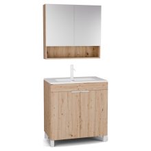 HD Paris Oak 80 komplett fürdőszoba bútor álló mosdószekrénnyel, matt fehér elemekkel, fényes fehér slim mosdóval és tükrös szekrénnyel