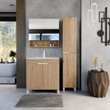 HD Paris Oak 80 komplett fürdőszoba bútor álló mosdószekrénnyel, matt fehér elemekkel, fényes fehér slim mosdóval és tükrös szekrénnyel