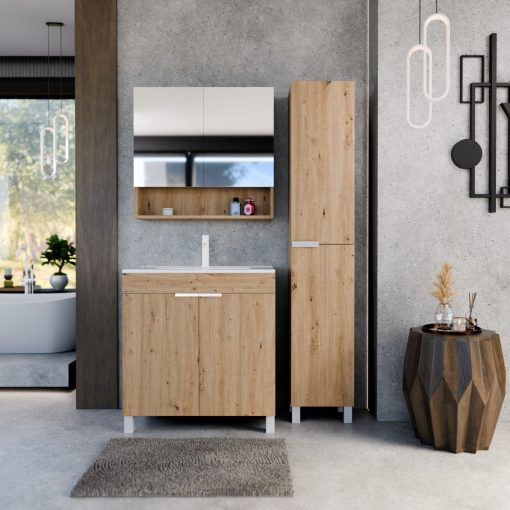 HD Paris Oak 80 komplett fürdőszoba bútor álló mosdószekrénnyel, matt fehér elemekkel, fényes fehér slim mosdóval és tükrös szekrénnyel