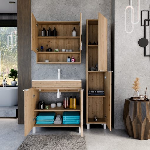 HD Paris Oak 80 komplett fürdőszoba bútor álló mosdószekrénnyel, matt fehér elemekkel, fényes fehér slim mosdóval és tükrös szekrénnyel