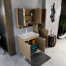 HD Paris Oak 80 komplett fürdőszoba bútor álló mosdószekrénnyel, matt fehér elemekkel, fényes fehér slim mosdóval és tükrös szekrénnyel