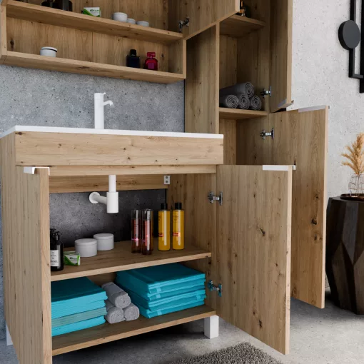 HD Paris Oak 80 komplett fürdőszoba bútor szett álló mosdószekrénnyel, matt fehér elemekkel, fényes fehér slim mosdóval, tükrös szekrénnyel és magasszekrénnyel