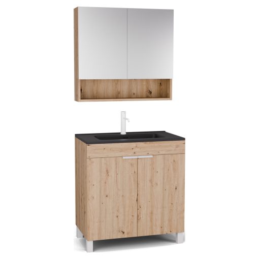 HD Paris Oak 80 komplett fürdőszoba bútor álló mosdószekrénnyel, matt fehér elemekkel, matt fekete slim mosdóval és tükrös szekrénnyel