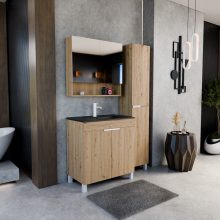 HD Paris Oak 80 komplett fürdőszoba bútor álló mosdószekrénnyel, matt fehér elemekkel, matt fekete slim mosdóval és tükrös szekrénnyel