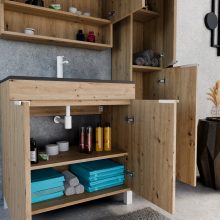 HD Paris Oak 80 komplett fürdőszoba bútor álló mosdószekrénnyel, matt fehér elemekkel, matt fekete slim mosdóval és tükrös szekrénnyel