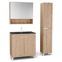 HD Paris Oak 80 komplett fürdőszoba bútor szett álló mosdószekrénnyel, matt fehér elemekkel, matt fekete slim mosdóval, tükrös szekrénnyel és magasszekrénnyel