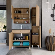 HD Paris Oak 80 komplett fürdőszoba bútor szett álló mosdószekrénnyel, matt fehér elemekkel, matt fekete slim mosdóval, tükrös szekrénnyel és magasszekrénnyel