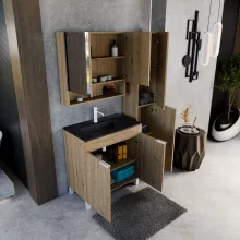 HD Paris Oak 80 komplett fürdőszoba bútor szett álló mosdószekrénnyel, matt fehér elemekkel, matt fekete slim mosdóval, tükrös szekrénnyel és magasszekrénnyel