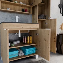 HD Paris Oak 80 komplett fürdőszoba bútor szett álló mosdószekrénnyel, matt fehér elemekkel, matt fekete slim mosdóval, tükrös szekrénnyel és magasszekrénnyel