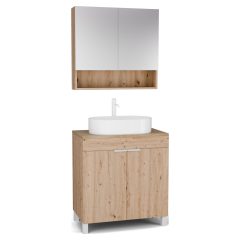   HD Paris Oak 80 komplett fürdőszoba bútor álló mosdószekrénnyel, matt fehér elemekkel, tölgyfa színű mosdópulttal és tükrös szekrénnyel