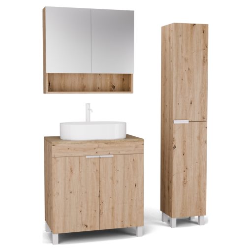 HD Paris Oak 80 komplett fürdőszoba bútor szett álló mosdószekrénnyel, matt fehér elemekkel, tölgyfa színű mosdópulttal, tükrös szekrénnyel és magasszekrénnyel