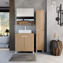 HD Paris Oak 80 komplett fürdőszoba bútor szett álló mosdószekrénnyel, matt fehér elemekkel, tölgyfa színű mosdópulttal, tükrös szekrénnyel és magasszekrénnyel